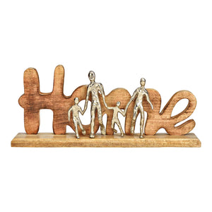 Aufsteller Home mit Metallfiguren aus Mangoholz natur 52x23x10cm