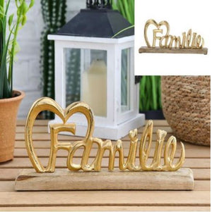 Wohnzimmer Deko gold Schriftzug Familie mit Herz 32cm auf Holzsockel 45323