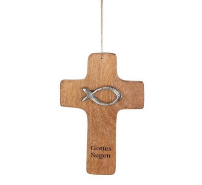 Holzkreuz "Gottes Segen" mit silbernem Fisch