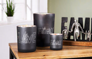 Windlicht grau aus Glas mit Druck "Love"