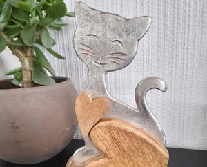 Katze sitzend aus Holz und Metall | Geschenke für Katzenfreunde