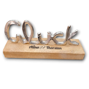 personalisierte Deko Schriftzug "Glück" aus Metall 17cm Holzaufsteller