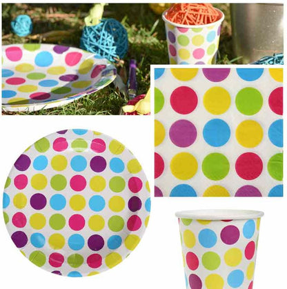 DekoGuru® Produktset 10er Coloured Dots Teller Becher Servietten