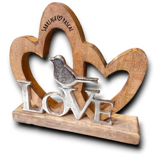 Herzen mit Vogel "Love" 26x23x5 cm personalisiertes Geschenk