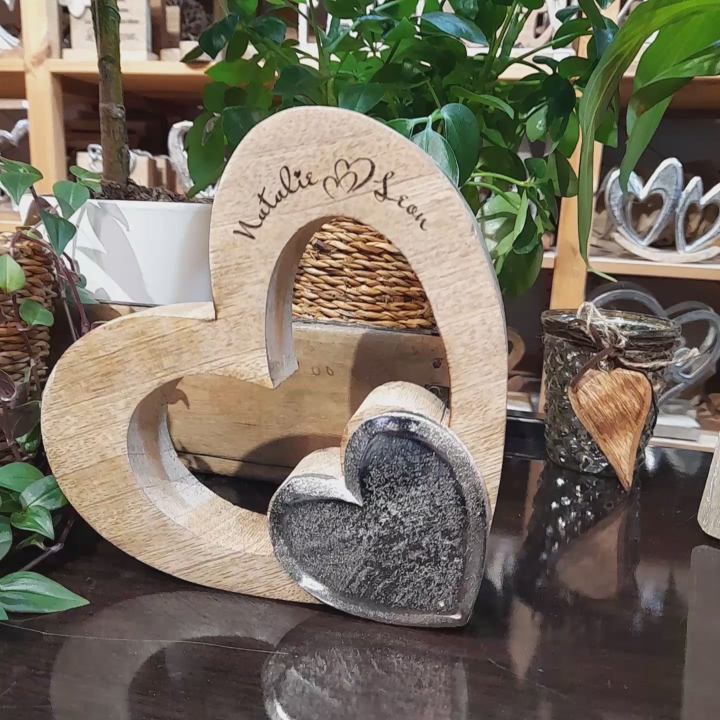 Holzherz mit Metallherz 18x18 cm mit Gravur  personalisiertes Geschenk | Hochzeitsgeschenke Partnergeschenke